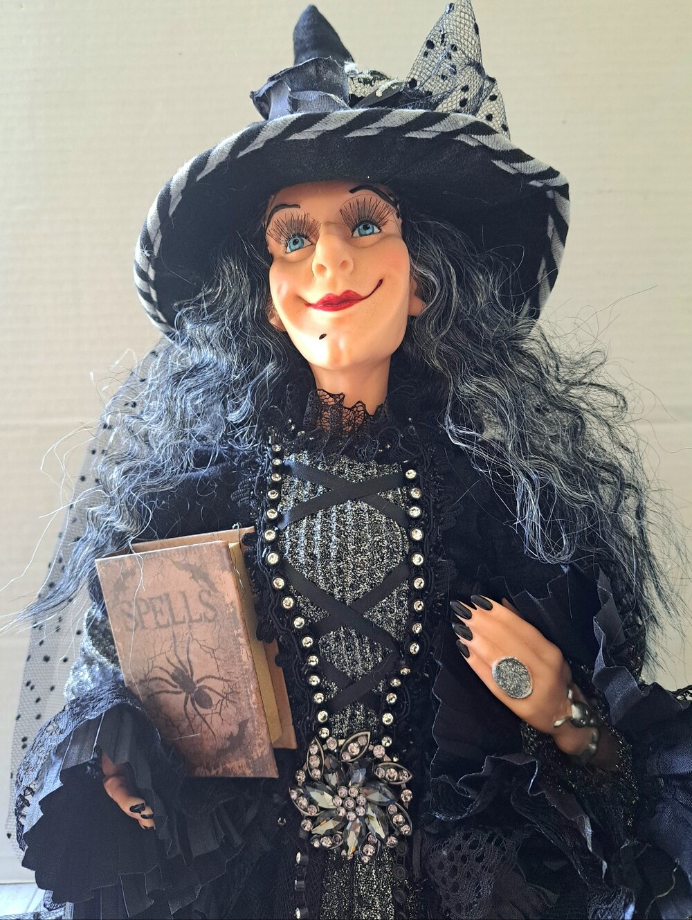 Witch Figure Goth Halloween Decor Glamour Black & Silver Embellished Large 31"